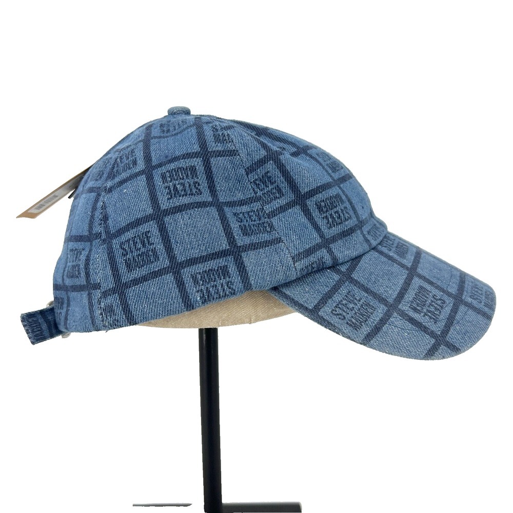 Steve Madden Dark‎ Denim Baseball Hat Womens Multi-Logo Strapback Hat Blue NWT